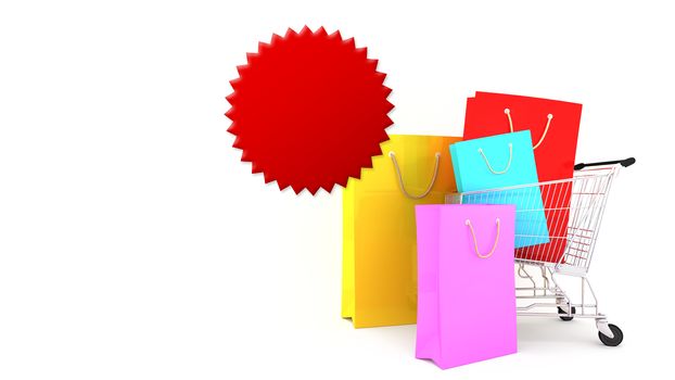 Colourful paper shopping bags on shopping cart with White Background., shopping lover or shopaholic concept, 3D rendering.