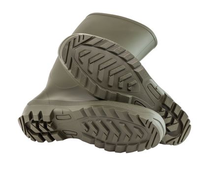 a pair of olive green clean and new rubber boots isolated on white background.