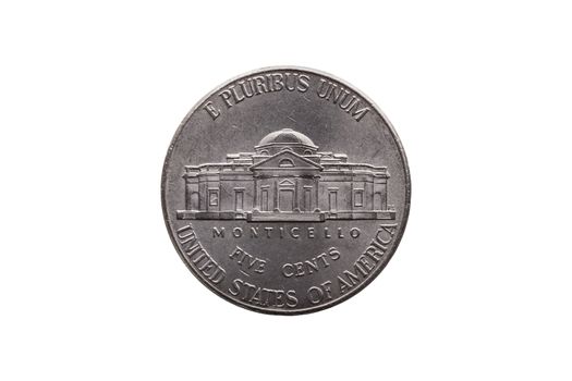 USA half dime nickel coin (25 cents) reverse showing Monticello cut out and isolated on a white background