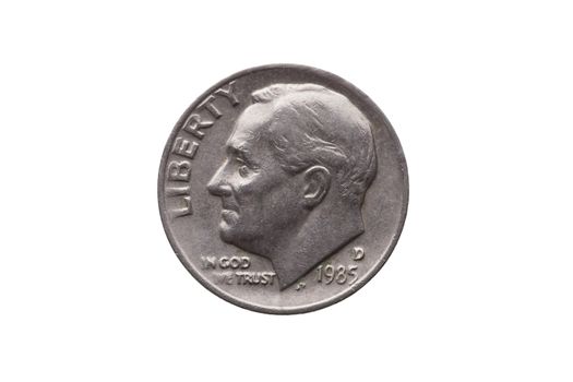 USA dime nickel coin (10 cents) with a portrait image of Franklin D Roosevelt cut out and isolated on a white background