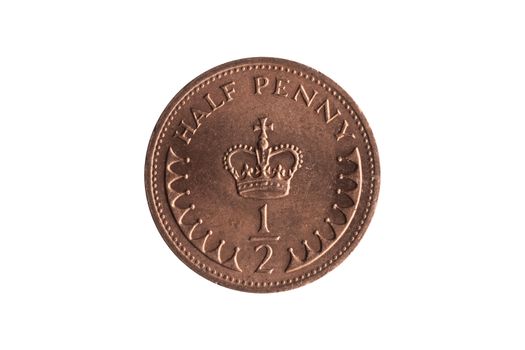 New halfpenny coin of England UK reverse St Edward's Crown cut out and isolated on a white background