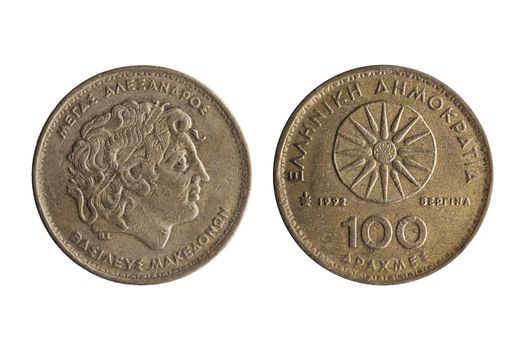 Greek 100 drachmas coin dated 1992 with a portrait image of Alexander the Great obverse and Star of Vergina reverse cut out and isolated on a white background