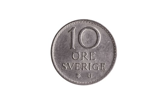 Sweden coin 10 Ore  Gustaf VI reverse cut out and isolated on a white background