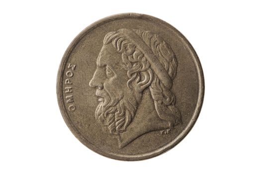 Greek 50 drachmas coin dated 1988 with a portrait image of Homer cut out and isolated on a white background