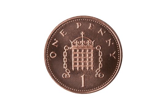 New one pence coin of England UK reverse portcullis cut out and isolated on a white background