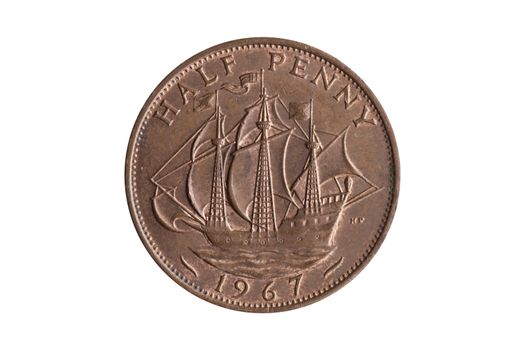 Old pre decimal halfpenny coin of England UK reverse Golden Hind ship cut out and isolated on a white background