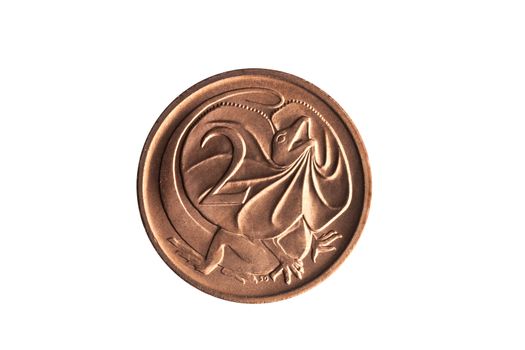 Australia two cent coin with an image of a Frill Necked Lizard cut out and isolated on a white background