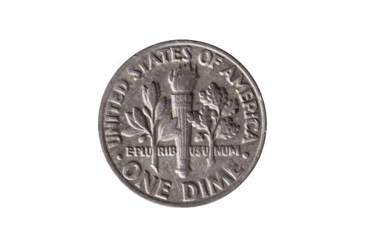 USA dime nickel coin (10 cents) reverse olive branch, torch and oak branch cut out and isolated on a white background
