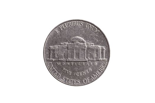 USA half dime nickel coin (25 cents) dated 1999 reverse showing Monticello cut out and isolated on a white background