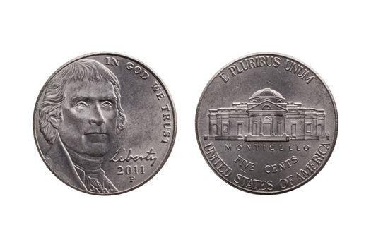 USA half dime nickel coin (25 cents) with a portrait image of Thomas Jefferson obverse and Montecello reverse cut out and isolated on a white background