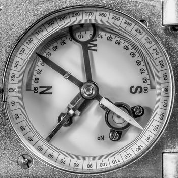 Detailed view of the display disc of an old mechanical compass for geologists, analog and manual, for recording layer data and linear structures, germany