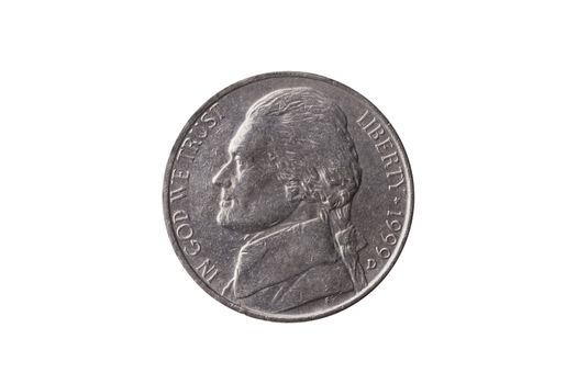 USA half dime nickel coin (25 cents) dated 1999 with a portrait image of Thomas Jefferson cut out and isolated on a white background