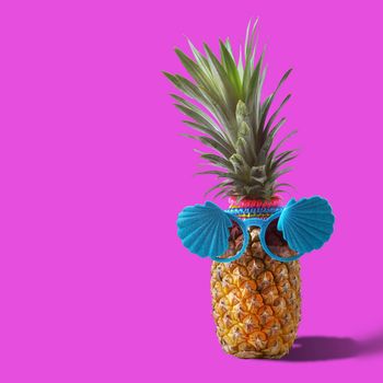 Summer and Holiday concept.Hipster Pineapple Fashion Accessories and Fruits on colorfulbackground