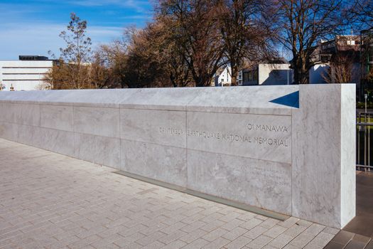 Christchurch, New Zealand - September 18, 2019: Canterbury Earthquake Memorial Wall on the banks of the Avon River with names of 185 lost lives