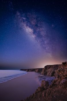 Milky Way above a wild beach and the ocean (here Gulf of Oman), Ras Al Jinz, Sultanate of Oman