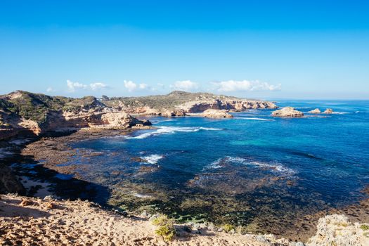 View of Mornington Peninsula coastline around DIamond Bay and Bay of Islands from Jubilee Point on a cool winter's day in Sorrento, Victoria, Australia