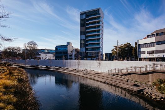 Christchurch, New Zealand - September 18, 2019: Canterbury Earthquake Memorial Wall on the banks of the Avon River with names of 185 lost lives