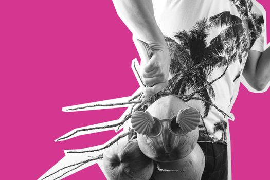 Summer and holiday fashion concept.Man Wearing palm trees graphics on T-shirt and holding cluster of coconuts with items,black and white on pink background