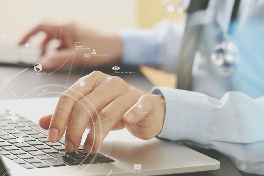 close up of smart medical doctor working with laptop computer and mobile phone and stethoscope on dark wooden desk with virtual reality icon diagram 