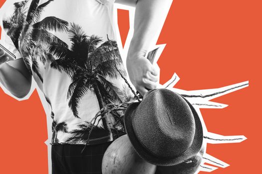 Summer and holiday fashion collage magazine concept.Man Wearing palm trees graphics on T-shirt and holding cluster of coconuts with items on orange background