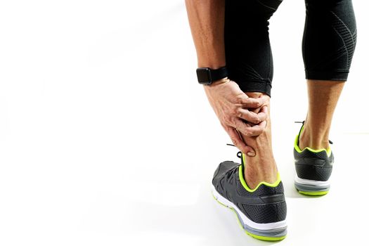 Runner sportsman holding ankle in pain with Broken twisted joint running sport injury and Athletic man touching foot due to sprain on white background