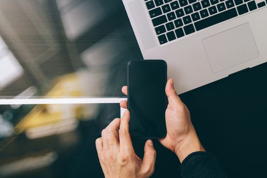 cyber security internet and networking concept.Businessman hand working with VR screen padlock icon on mobile phone and digital tablet laptop computer