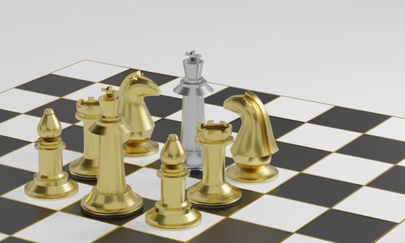 Golden chess pieces blockade silver chess piece on black and white board with gold striped on white background and copy space 3d rendering.