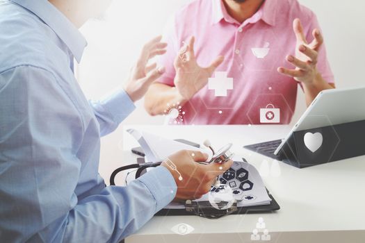 Medical doctor using mobile phone and consulting businessman patient having exam as Hospital professionalism concept with VR icon diagram