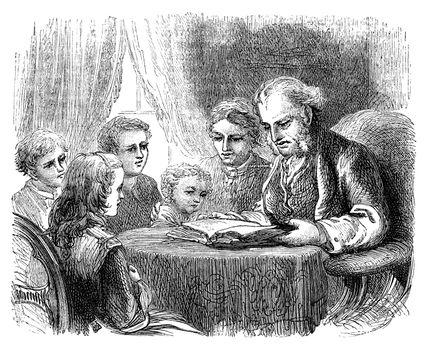 An engraved illustration image of  a father and mother reading a book or Bible to teach their children how to read from a Victorian book dated 1870 that is no longer in copyright