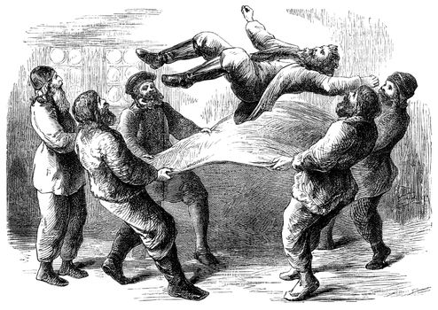 An engraved illustration image of  a birthday celebration of a man receiving the traditional bumps from a Victorian book dated 1870 that is no longer in copyright
