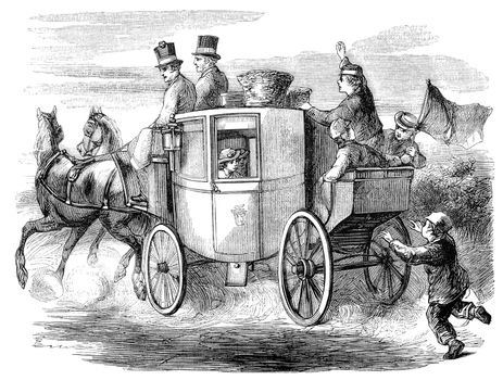 An engraved illustration image of an old fashioned Georgian horsedrawn stagecoach full of travelling passengers from a Victorian book dated 1870 that is no longer in copyright