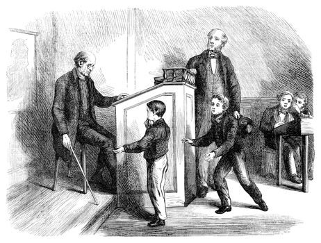 An engraved illustration image of a teacher in a school classroom giving a boy pupil caning punishment discipline from a Victorian book dated 1870 that is no longer in copyright