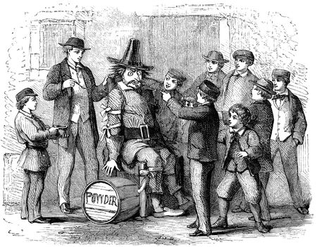 An engraved illustration image of boys with a guy Fawkes dummy preparing to celebrate the 5th of November Gunpowder plot on Bonfire Night from a Victorian book dated 1870 that is no longer in copyright