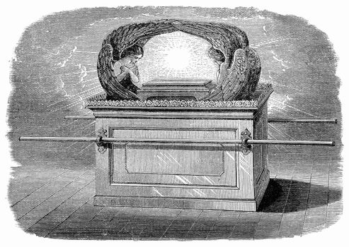 An engraved vintage illustration image of  the  Ark of the Covenant of the Old Testament Bible from a Victorian book dated 1883 that is no longer in copyright