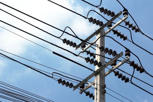 High voltage pole, electricity post with blue sky