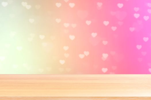 empty wood table floors on bokeh lights heart soft pink background, wood table board empty front bokeh heart shape colorful, wooden plank blank on colorful bokeh shine heart shape soft pink