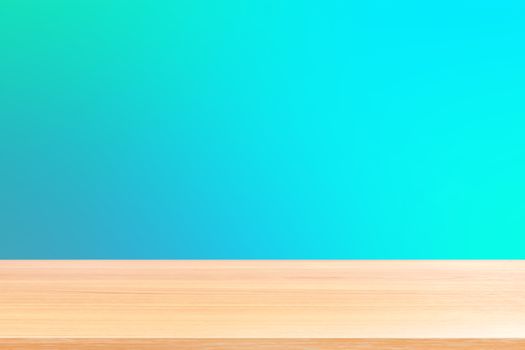 empty wood table floors on gradient blue soft background, wood table board empty front colorful gradient, wooden plank blank on light blue gradient for display products or banner advertising