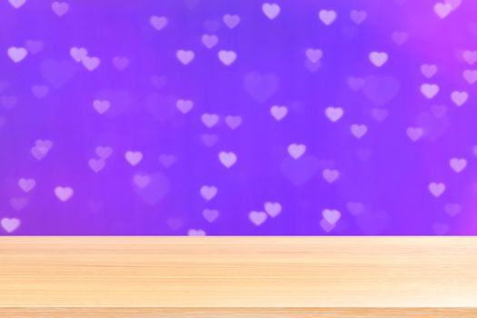 empty wood table floors on bokeh lights heart soft purple background, wood table board empty front bokeh heart shape colorful, wooden plank blank on colorful bokeh shine heart shape soft purple