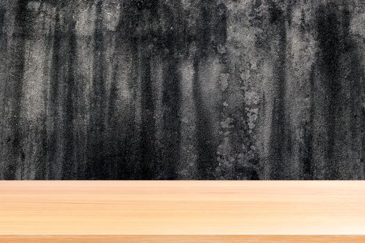 wood plank on concrete wall scratches background old, empty wood table floors on construction concrete wall texture background, wood table board empty on polished concrete wall construction