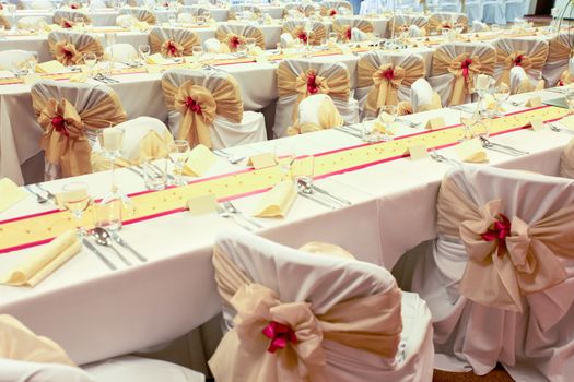 Arranged wedding tables.