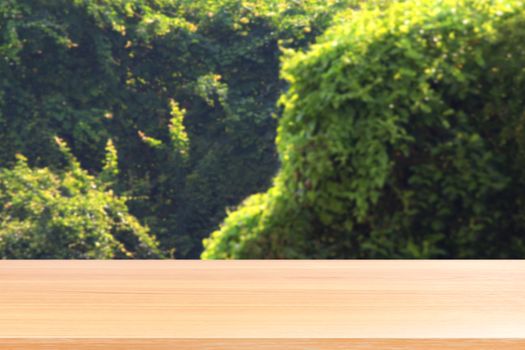 empty wood table floors on blurred tree nature green forest background, wood table board empty front blur tree, wooden plank blank with perspective brown wood table for mock up display products