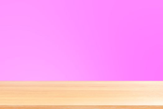 empty wood table floors on gradient pink soft background, wood table board empty front colorful gradient, wooden plank blank on pink gradient for display products or banner advertising