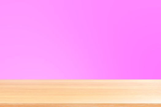 empty wood table floors on gradient pink soft background, wood table board empty front colorful gradient, wooden plank blank on pink gradient for display products or banner advertising