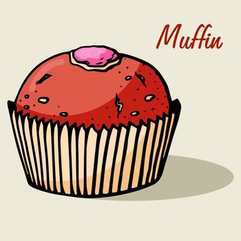 Muffin simple illustration . Cupcake with different flavors . Colored hand drawn muffin cookie .