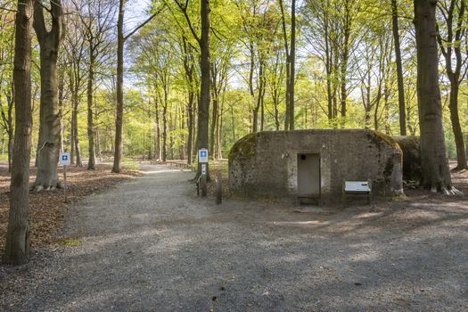 Kapellen, Belgium, April 2020: Start of the Loopgravenpad, walkway through trenches, on the historical Flanders Fields site in Mastenbos, Kapellen. German bunker in background.