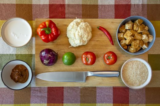 Food Knolling: Indian Madras Curry ingredients. Tempeh on the side to make it Vegan.