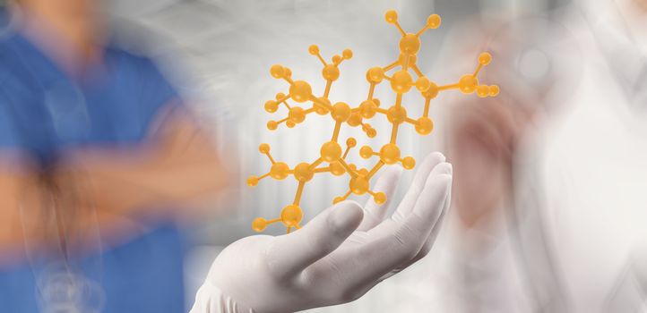 scientist doctor hand holds virtual molecular structure in the lab as concept 