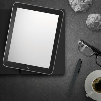 3d empty tablet and a cup of coffee with note pad on the stone desk