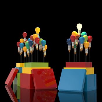 pencil light bulb 3d as think outside of the box and leadership as concept 