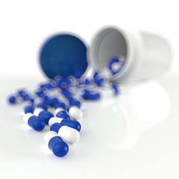 Pills 3d spilling out of pill bottle on white